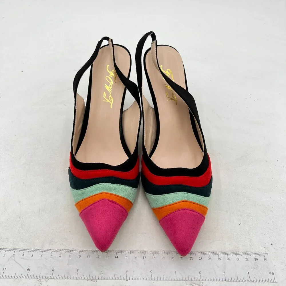 FOWT Dark Rainbow Pointed Toe Slingback Rainbow Color Stripes Elastic Band Pumps - Picture 3 of 8